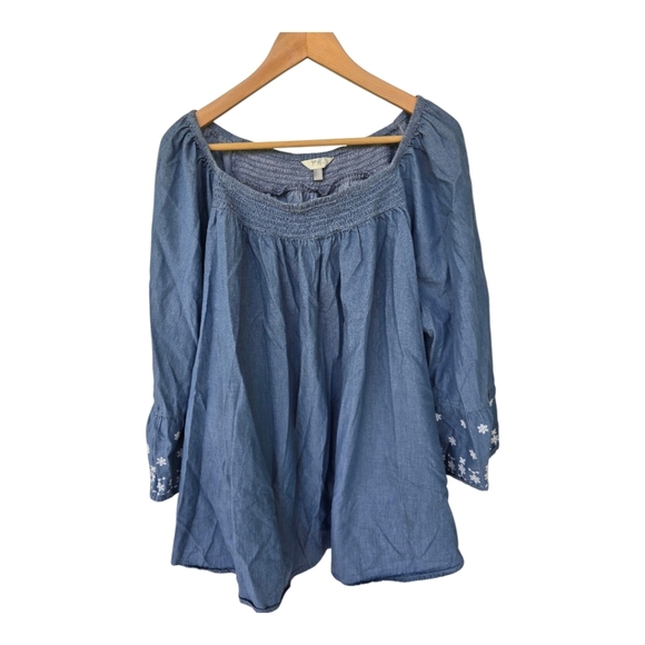 Terra Sky Chambray Blouse 2X Plus Blue Off-Shoulder Women FlareSleeve Embroidery - Picture 1 of 12